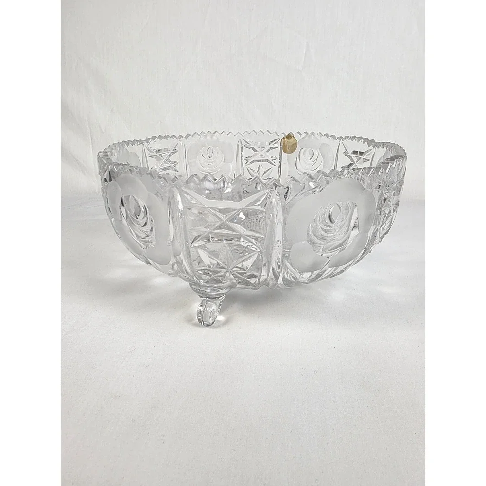Handcrafted Italian Crystal Bowl 30% PbO Lead Glass Floral Footed‎ Sawtooth Rim